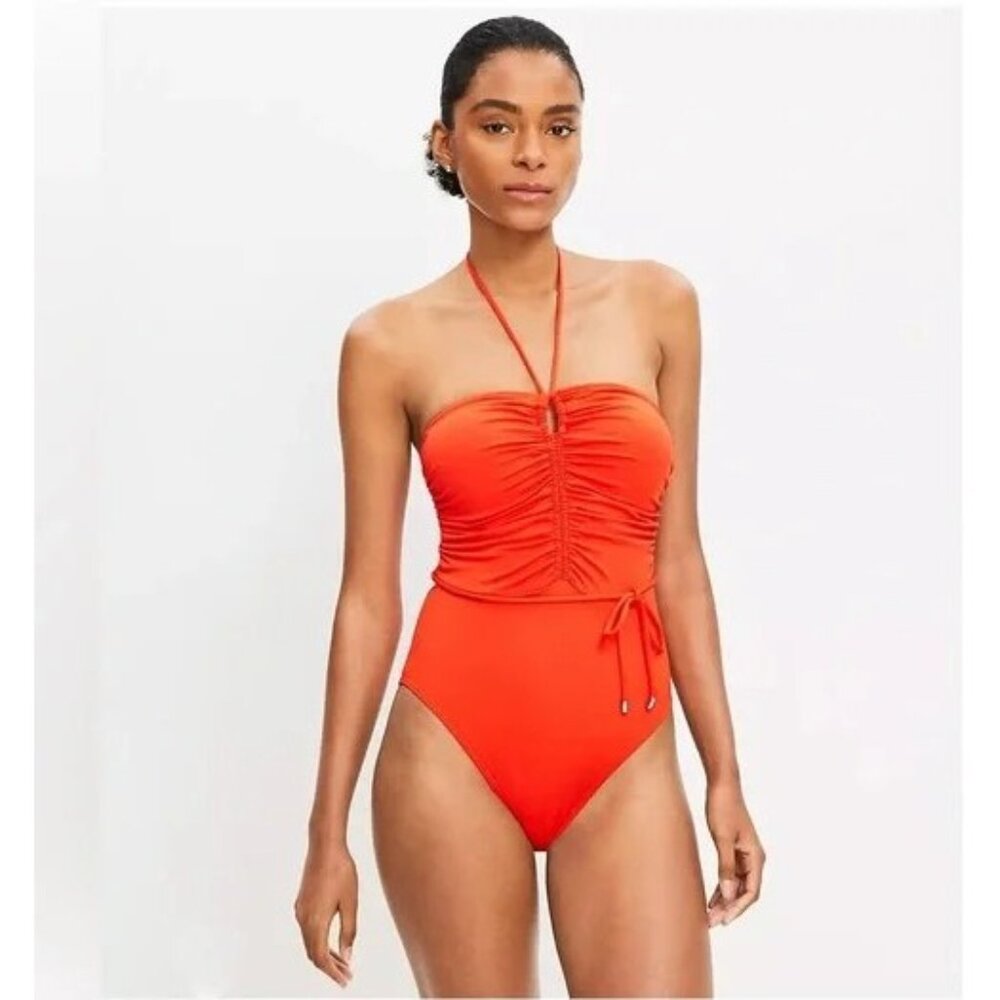 Ann Taylor LOFT Beach Ruched Halter One Piece Swimsuit L